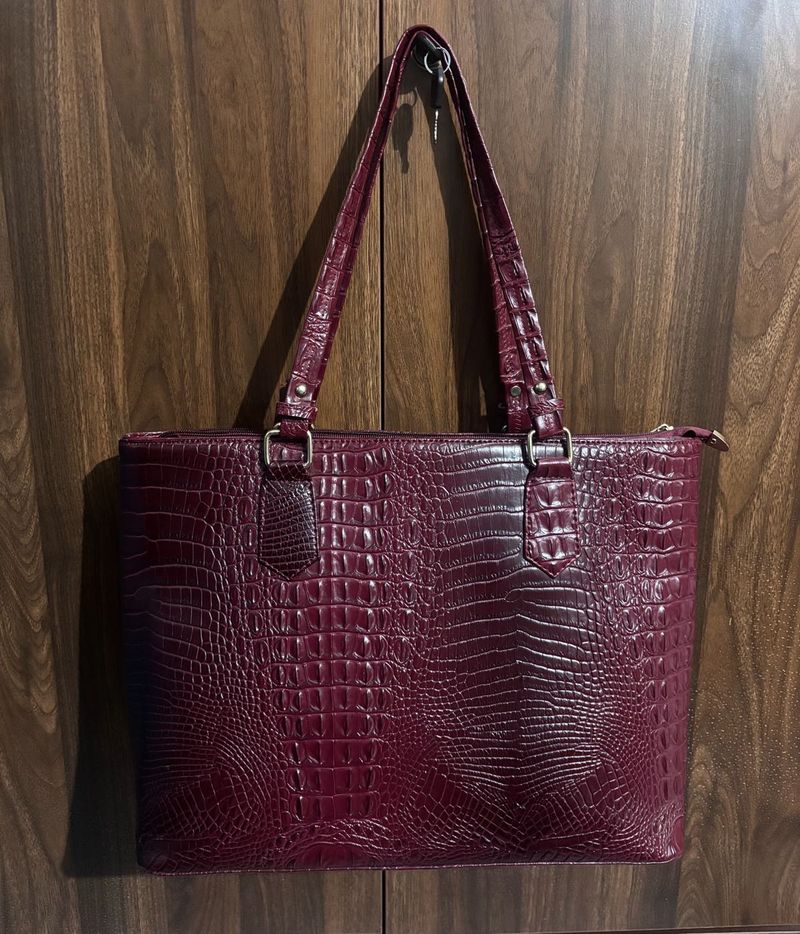 Burgundy Faux Croc Tote Bag