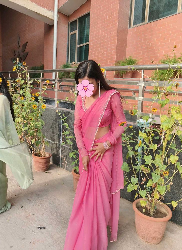 Pink Saree+Stiched Blouse 💃