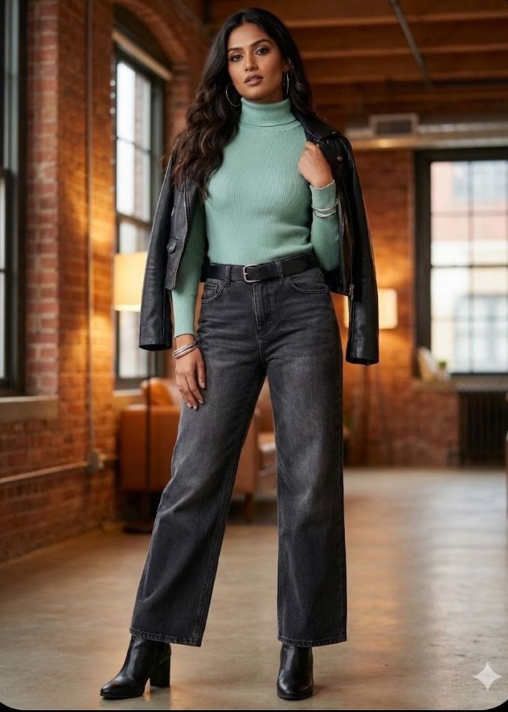 Stylish High Neck &amp; Wide Leg Denim Jeans