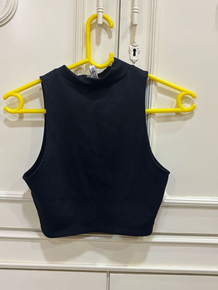 Black Ribbed Mock Neck Top