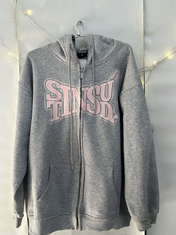 vintage Grey Zip-Up Graphic Hoodie