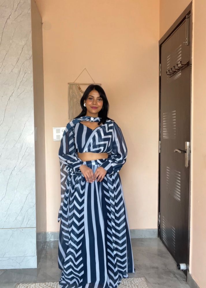 Blue &amp; White Stripes Lehenga Choli