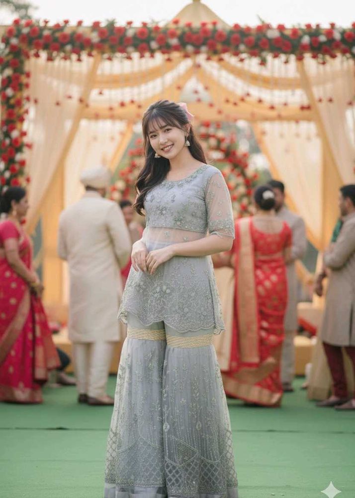 Elegant Grey Embroidered Sharara Set