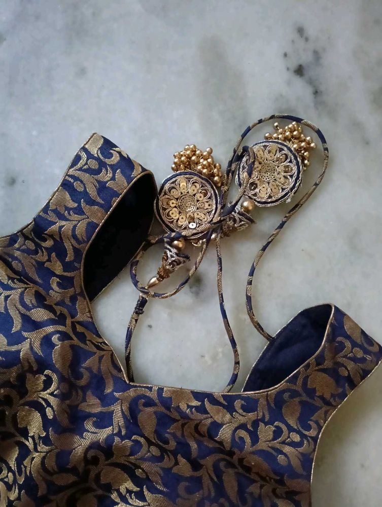 Elegant Blue &amp; Gold Brocade Blouse