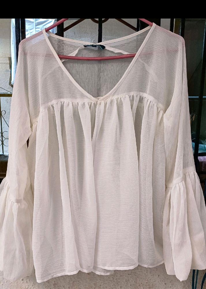 White V-Neck Bell Sleeve Top