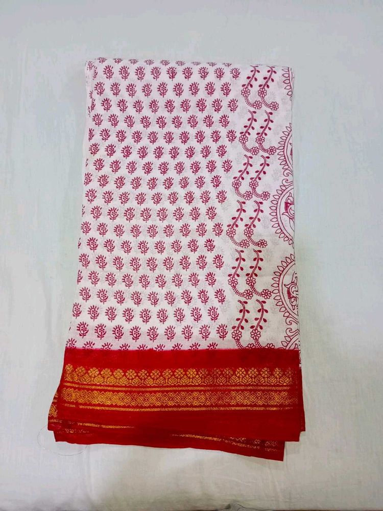 Red &amp; White South Cotton Saree