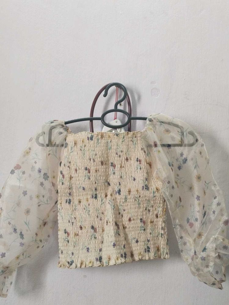 Floral Sheer Sleeve Smocked Top