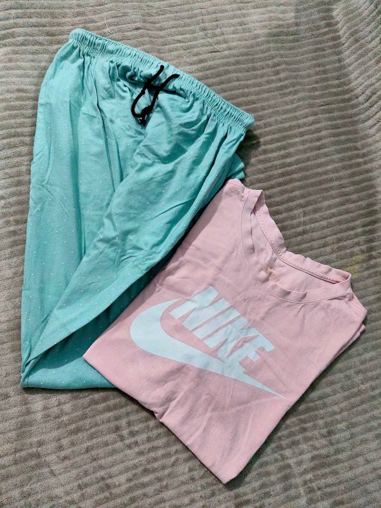 comfy nike t shirt &amp; pyjama Co Ord set