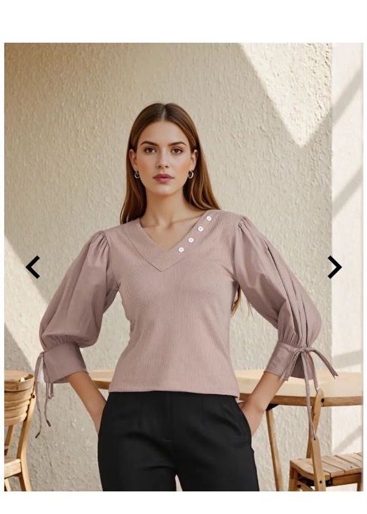 Shein puff sleeve Ribbed top -brown