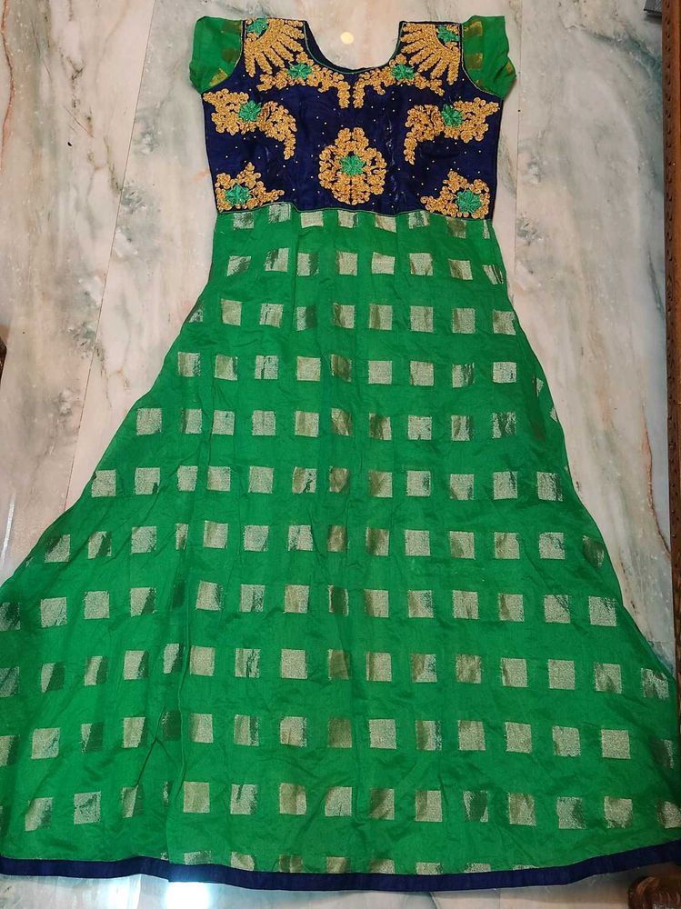 Green &amp; Navy Embroidered Anarkali Dress