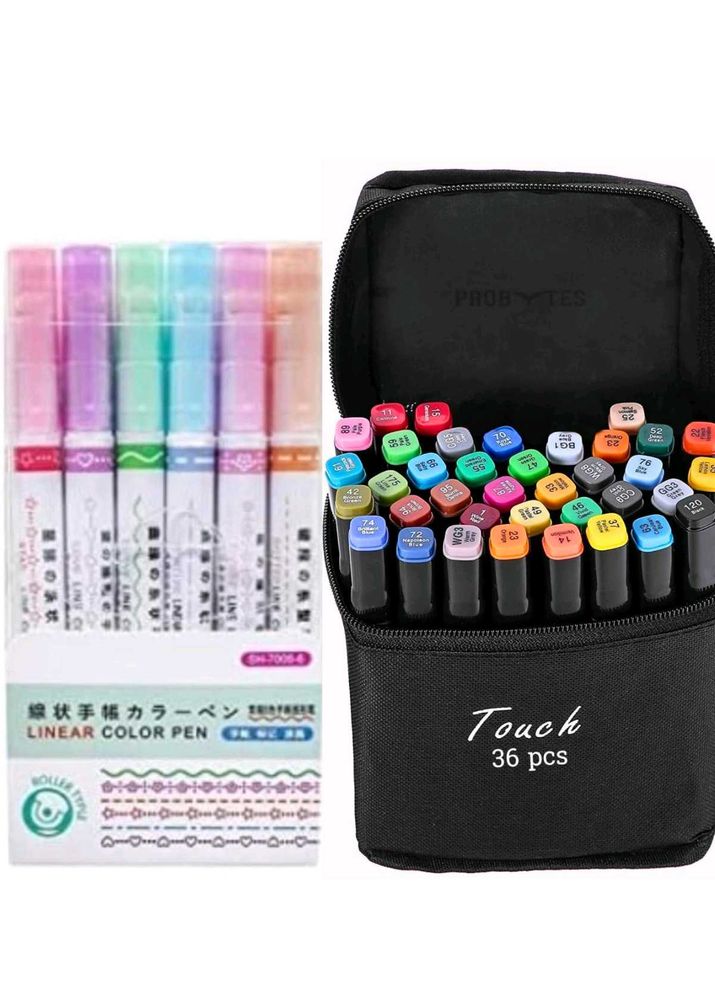 36 Colors Double Tip Marker Set &amp; 6 Pcs Design Pen