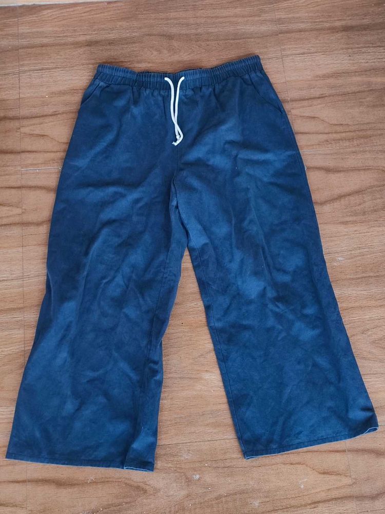 Navy Blue Baggy Fit Plain Full Pants For Summer