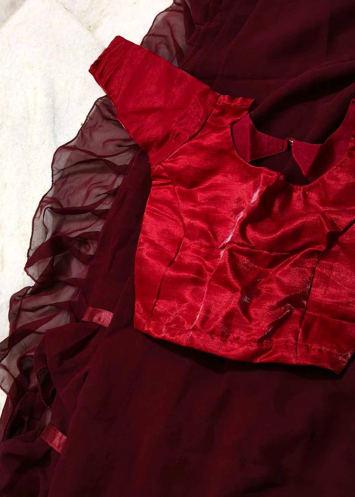 Elegant Maroon ruffle Saree with blouse