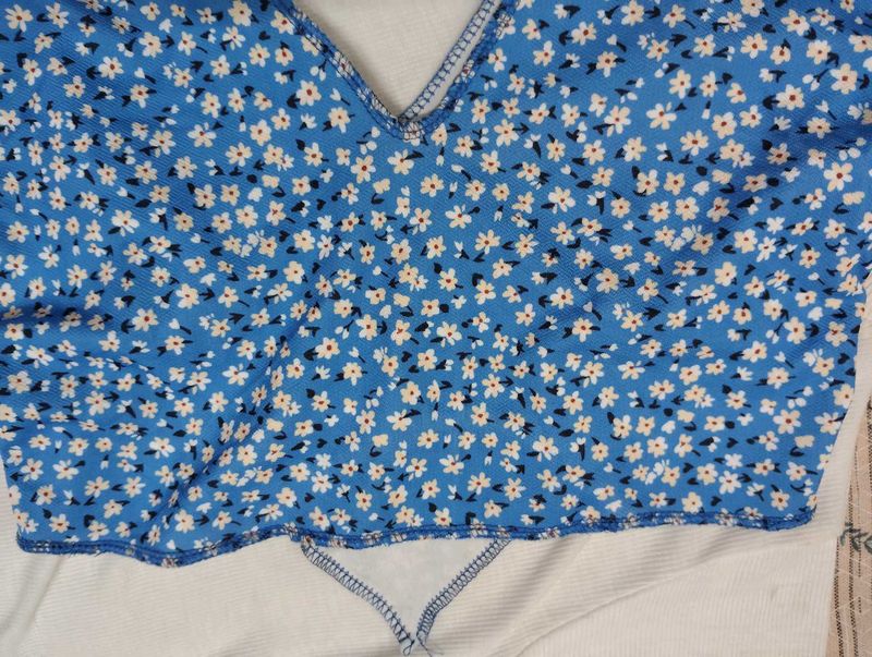 Blue Tie Up Crop Top Floral Pattern