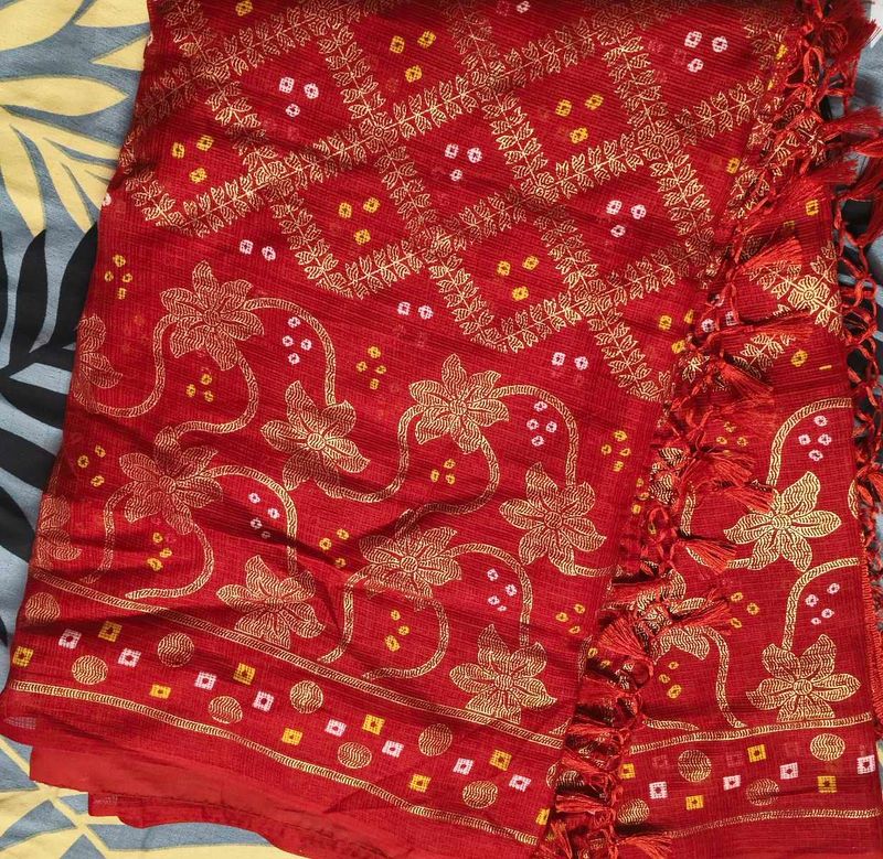 Red Foil Print Soft Cotton Saree