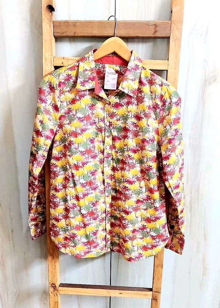 Light Yellow Printed Cotton Shirt Size-36
