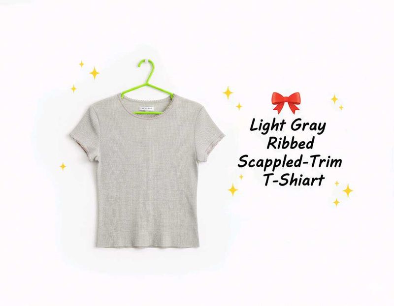 Light Gray Ribbed Scalloped-Trim T-Shirt