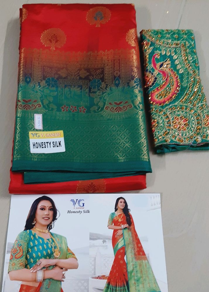 Beautiful Semi Silk Saree With Aari Work Blouse Material
