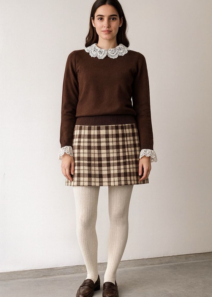 Imported Brown Sweater Top with Lace Collar