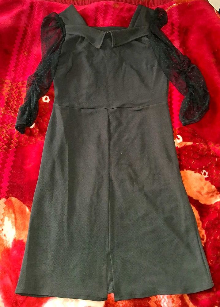 Black Dress with Sheer Polka Dot Sleeves