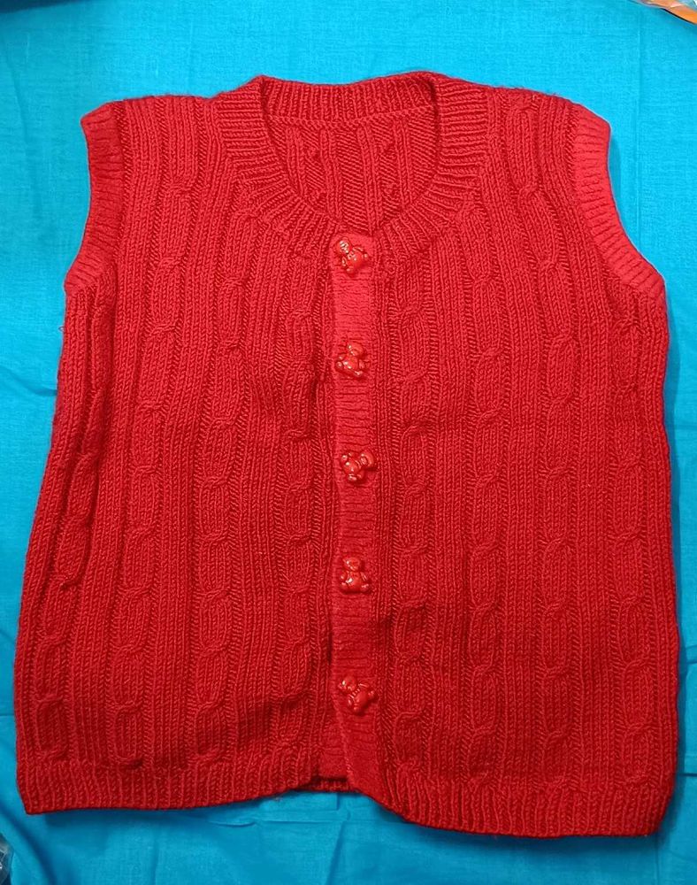 Handmade Red Knit Vest Cute Bear Button