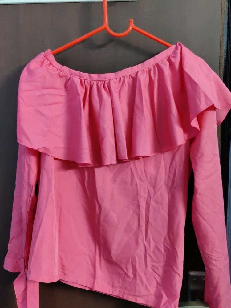 Pink Ruffle One-Shoulder Blouse