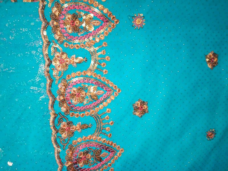 Teal Fabric with Gold Embroidery