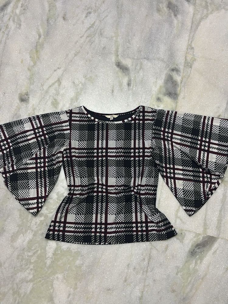 Checked Top with Flared Sleeves