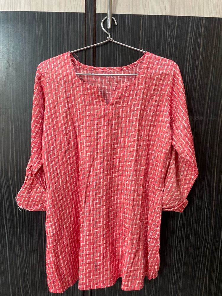 Chic Coral-Pink Zigzag Kurti – Effortless Elegance