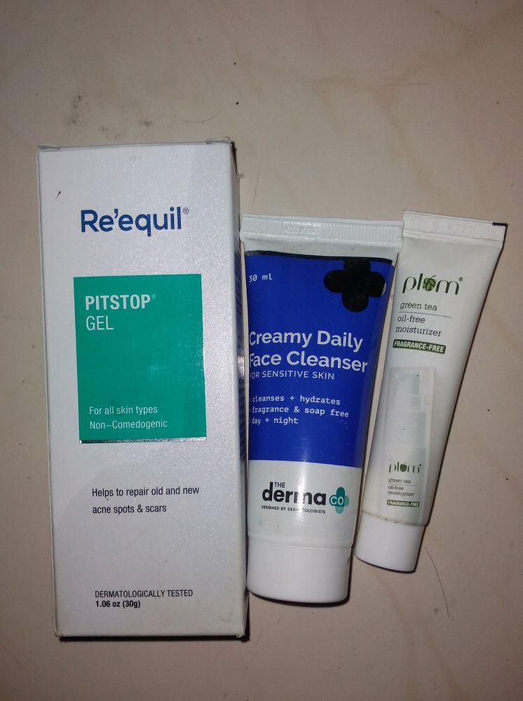 Re&#39;equil Pitstop Gel &amp; The Derma Co Face Cleanser &amp; Plum Moisturizer