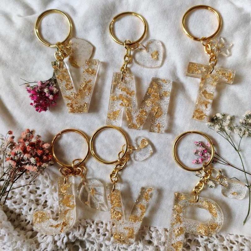 Resin Initial Keychains with Gold Flakes