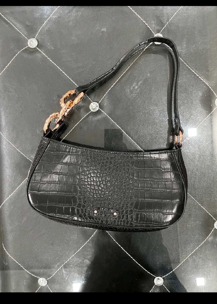 Black Croc Embossed Shoulder Bag