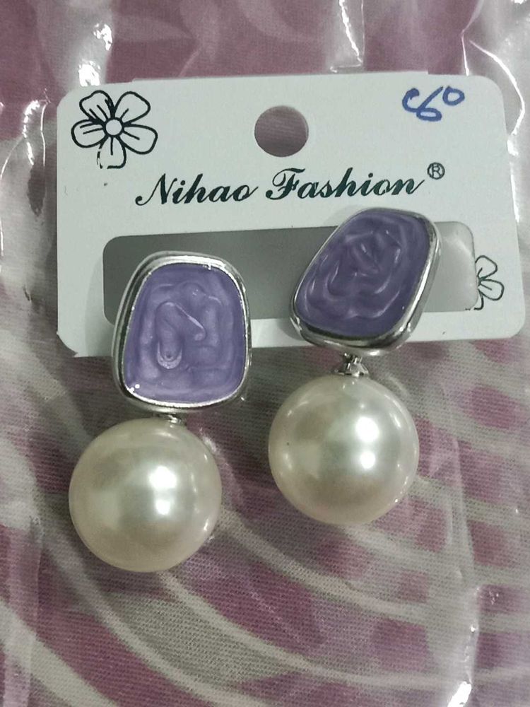 Pearl Drop Earrings - Purple Accent