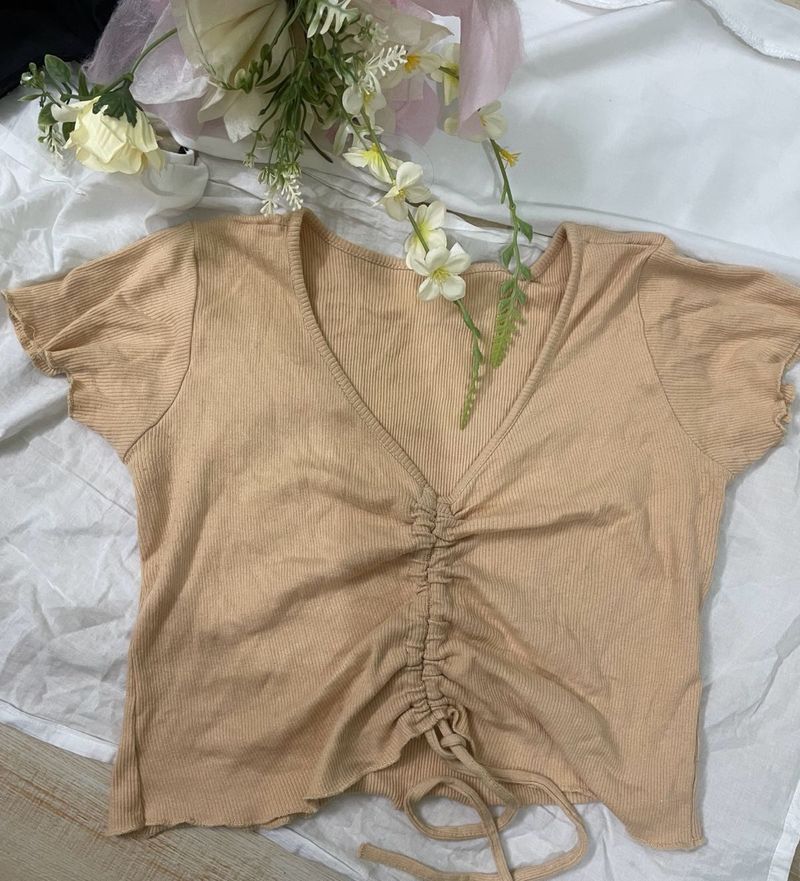 Beige Ribbed Crop Top