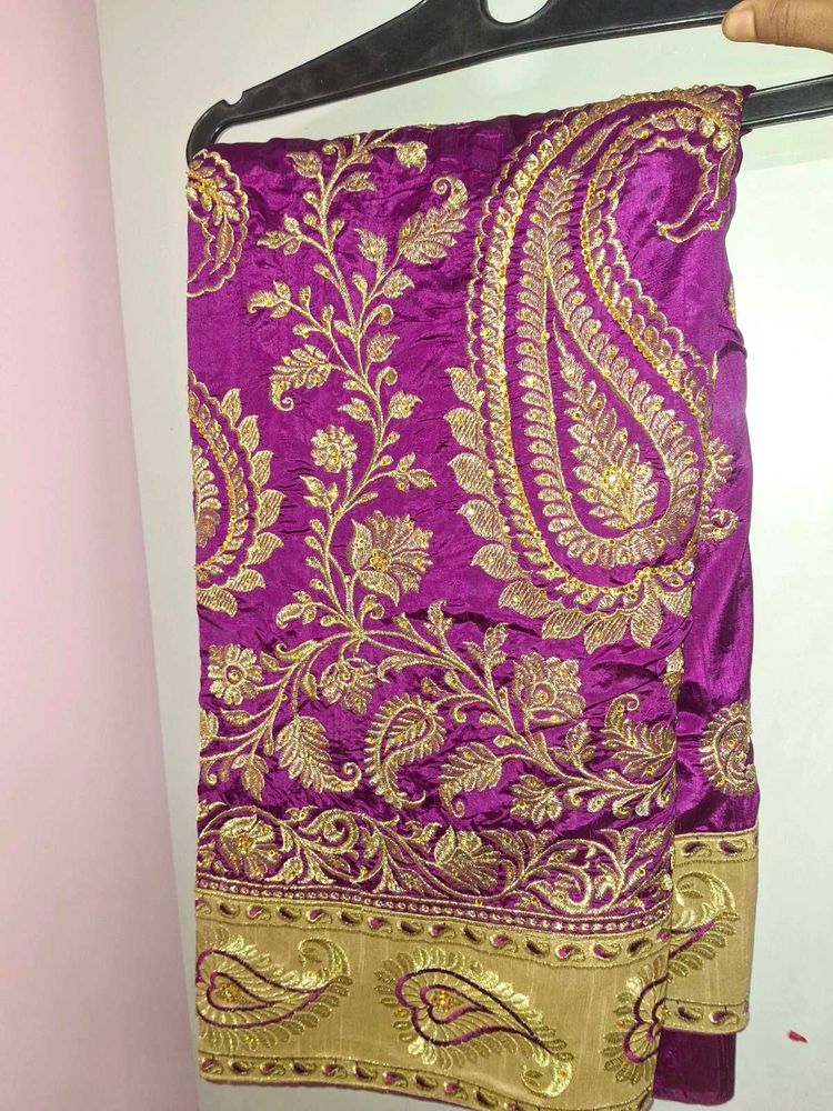 Embroidered Purple &amp; Gold Saree