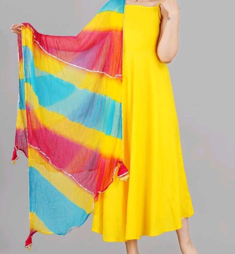 Bright Yellow Anarkali Dress with Colorful Dupatta