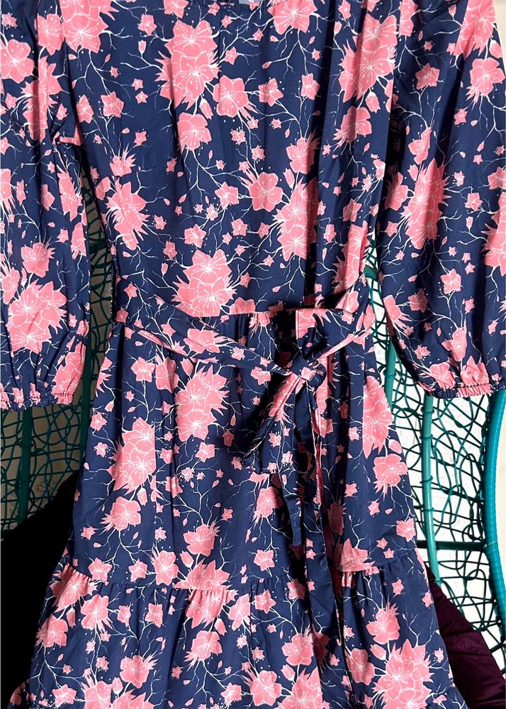 Pantaloons Navy Printed Casual Calf Dress Women