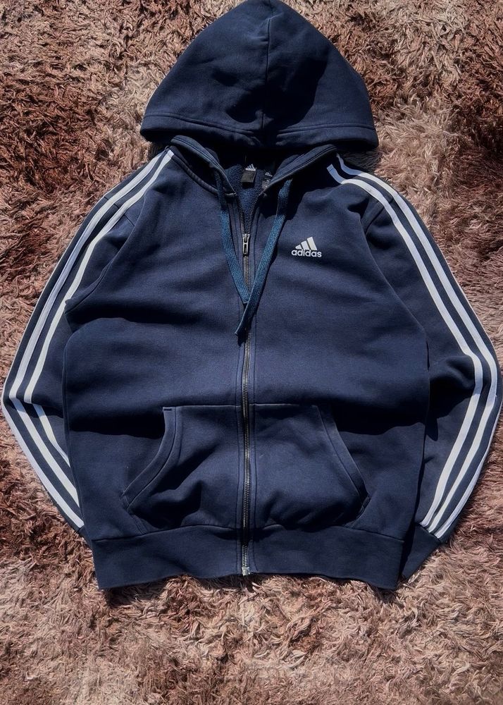 Adidas Navy Hoodie - Striped Sleeve