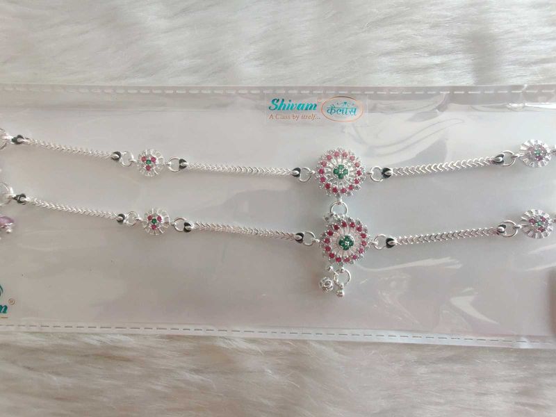 Pure Silver Anklets with Floral Details