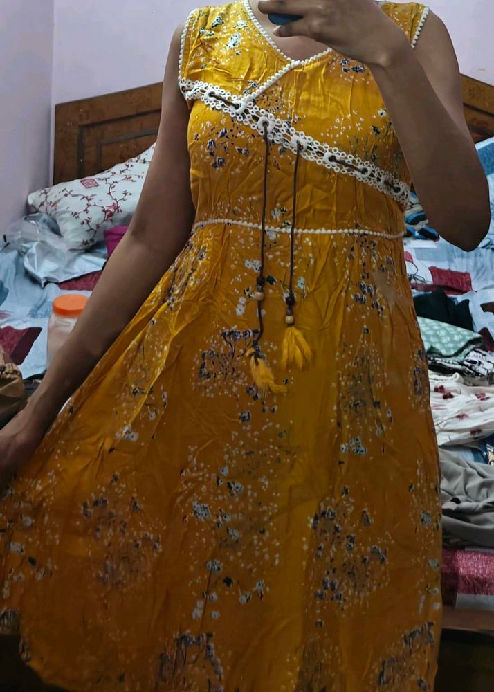 Yellow Floral A Line Dress Or Kurti