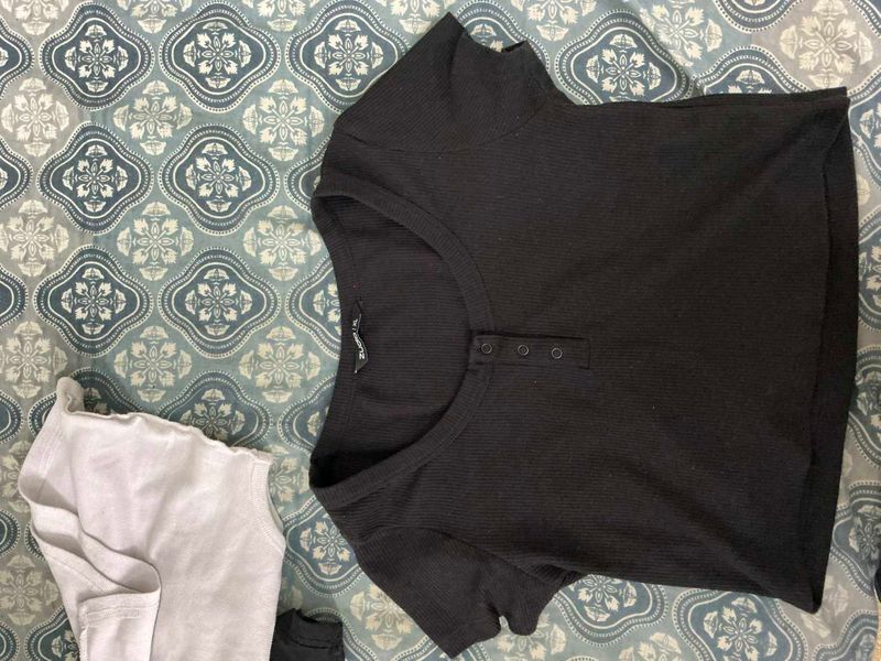 Black Ribbed Button Tee