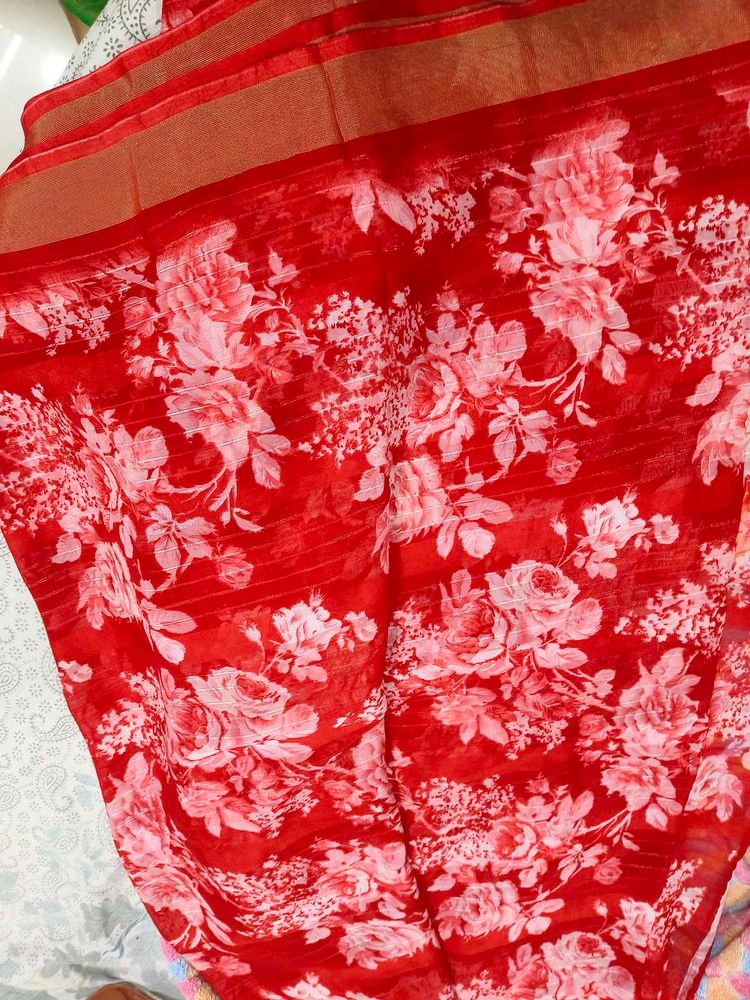 Red Floral Print Saree