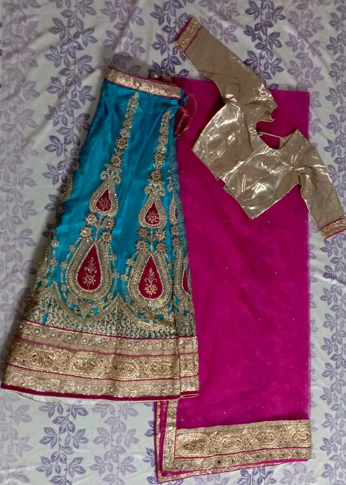 Sky Golden With Pink Very Nice Lehenga Choli