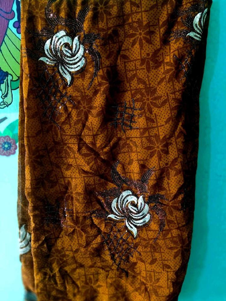 Brown Floral Sequence Saree