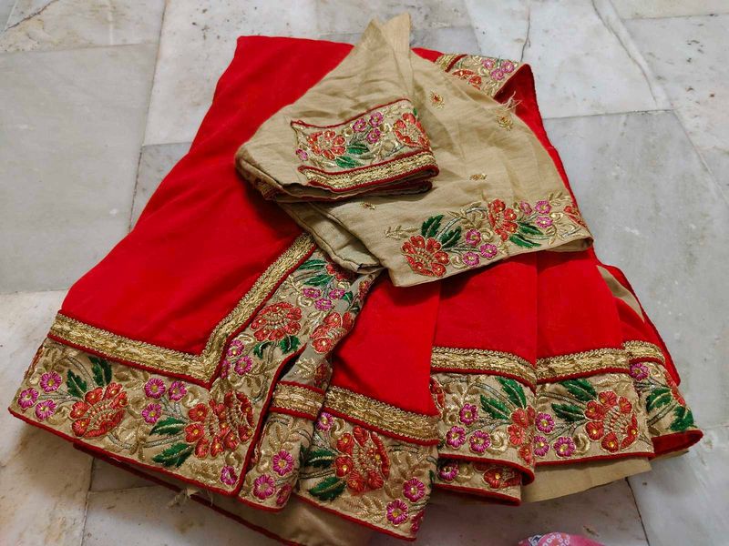 Double Colour Embroidery Work Saree With Blouse
