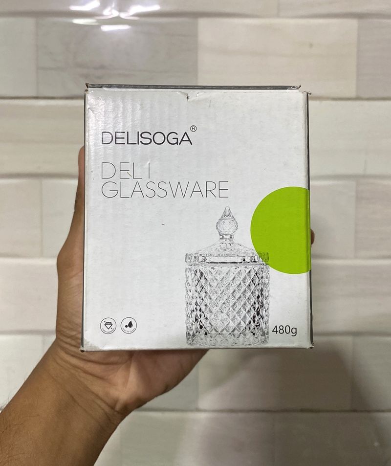 Delisoga - Deli Glassware Stylish Home Decor Crystal Clear Glass Mukhwas Jar Bowl Pickle Storage Container Pot with Lid