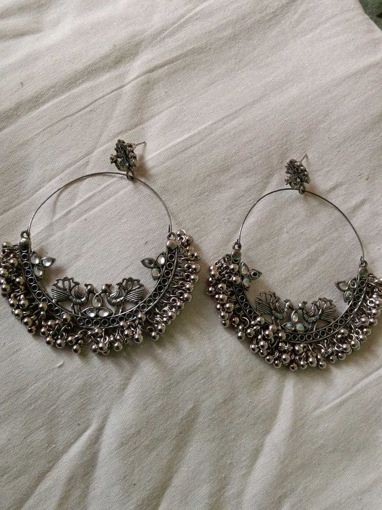 Silver Peacock Jhumka Earrings