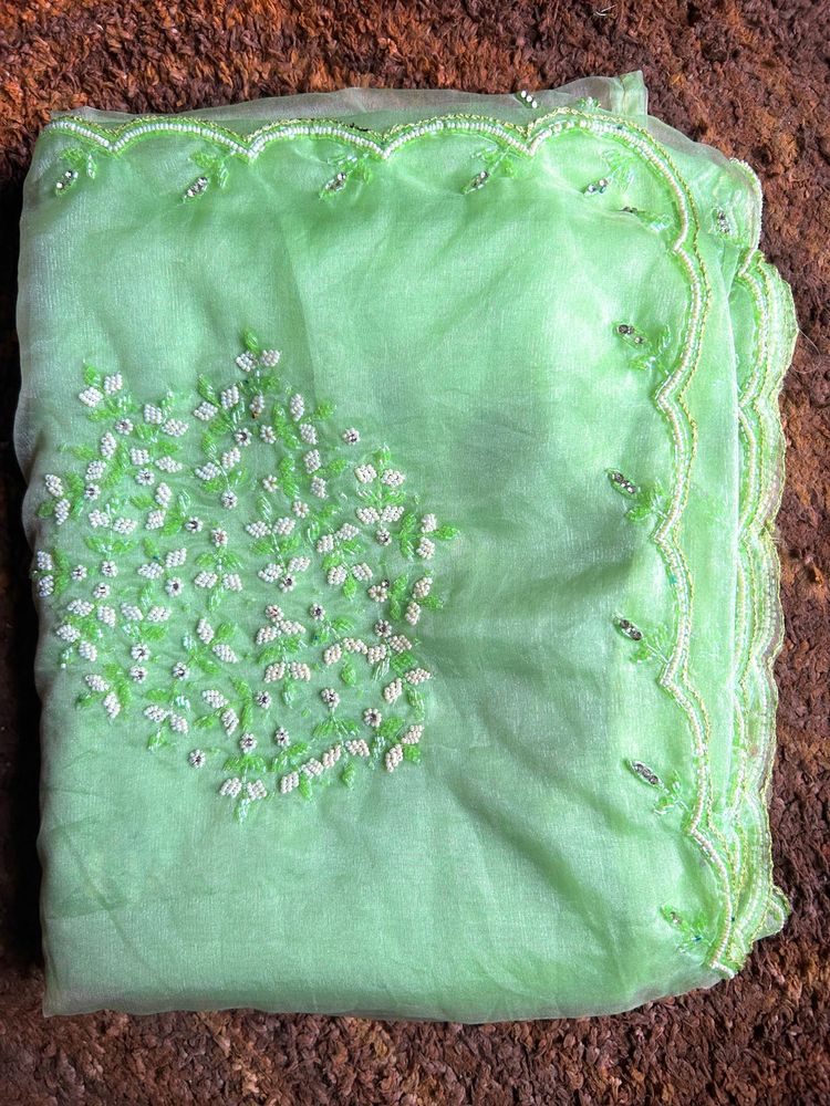 Light Green Floral Beaded Saree