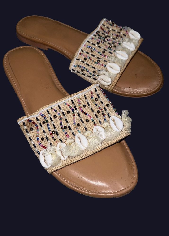 Dilli Haat Handcrafted beaded shell tan slides