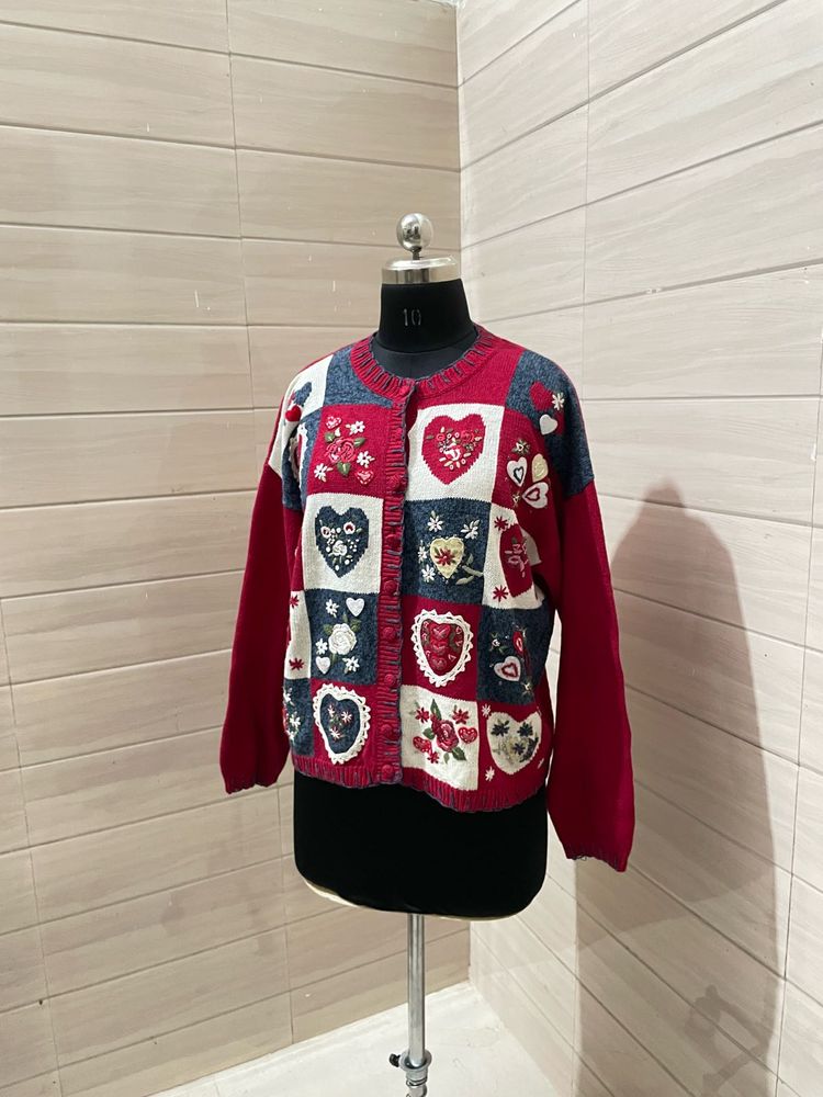 Vintage y2k Embroidered Red Hearts Rose Applique C